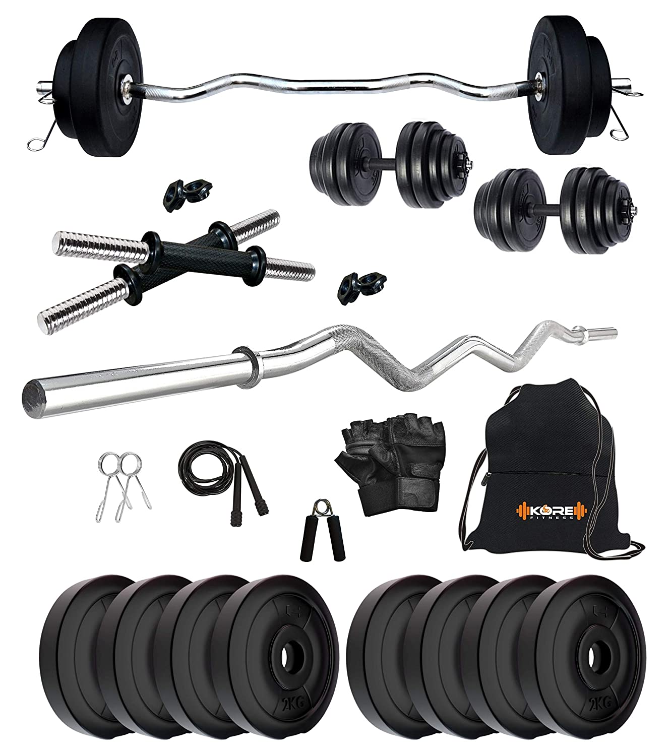 Home Gym Set with One 3 Ft Curl and One Pair Dumbbell Rods with Gym Accessories